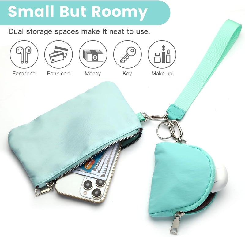 EKOLE Store Mini Zip Around Wristlet Keychain Wallet for Women Detachable Dual Pouch Wristlet Portable Phone Coin Purse Coin Pocket (Light Blue+Dark Blue) - Image 2